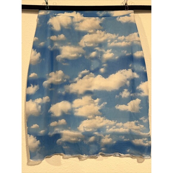 90s Y2K Sky Clouds Print Sheer Mesh Mini Skirt Grunge Rave‎ Hippie Retro Size 2 - Picture 8 of 11